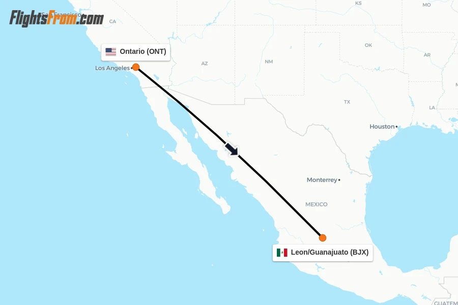 Flights from Ontario to Leon/Guanajuato route map