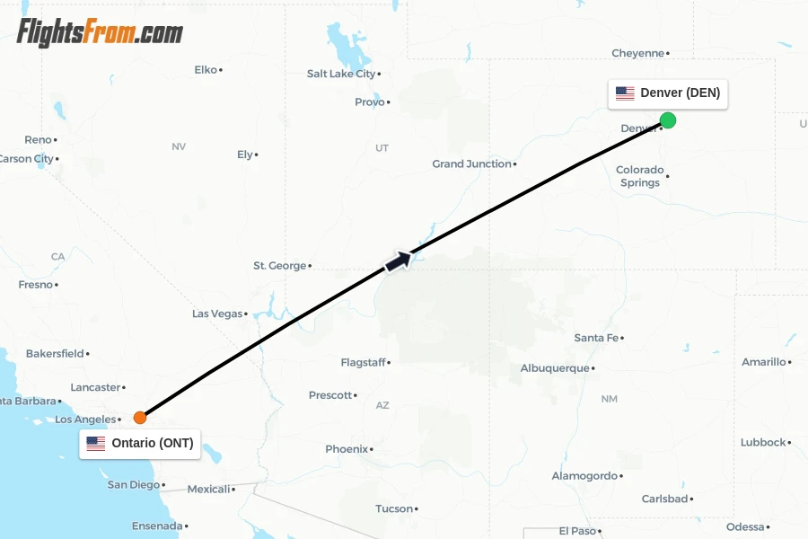 Flights from Ontario to Denver route map