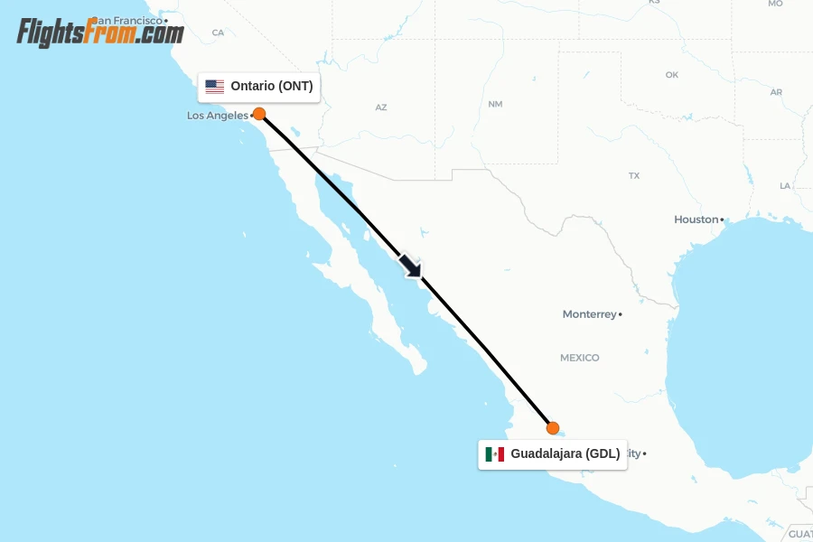 Flights from Ontario to Guadalajara route map