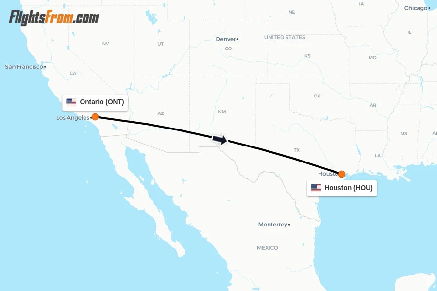 Flights from Ontario to Houston route map