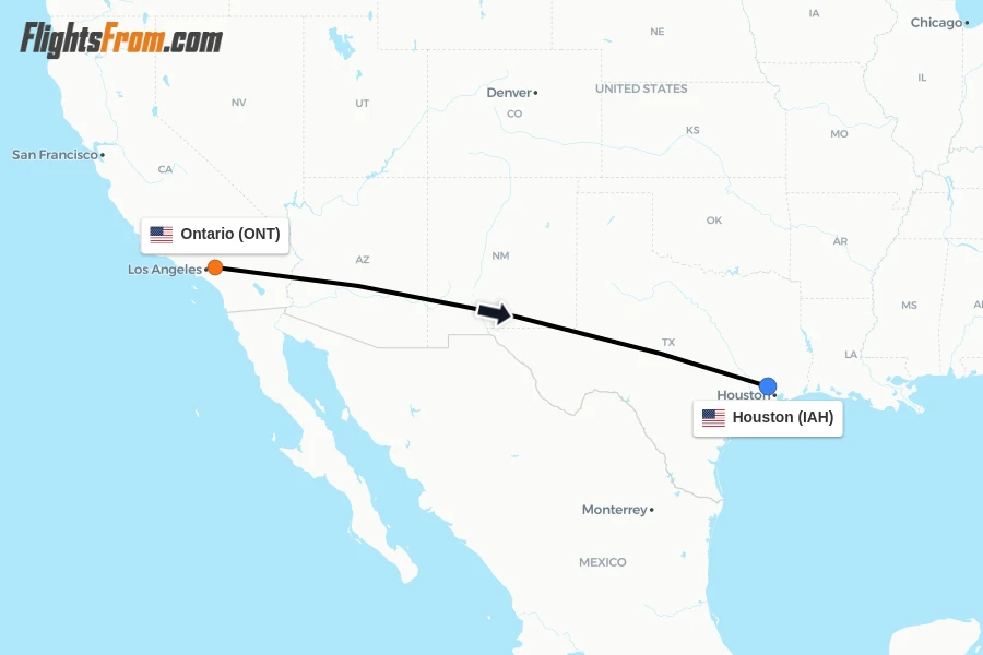Flights from Ontario to Houston route map