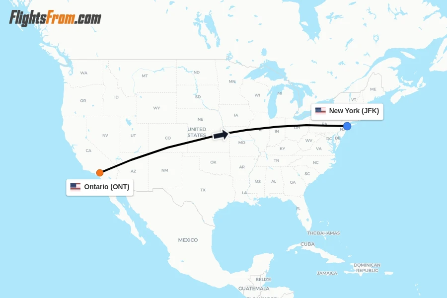 Flights from Ontario to New York route map