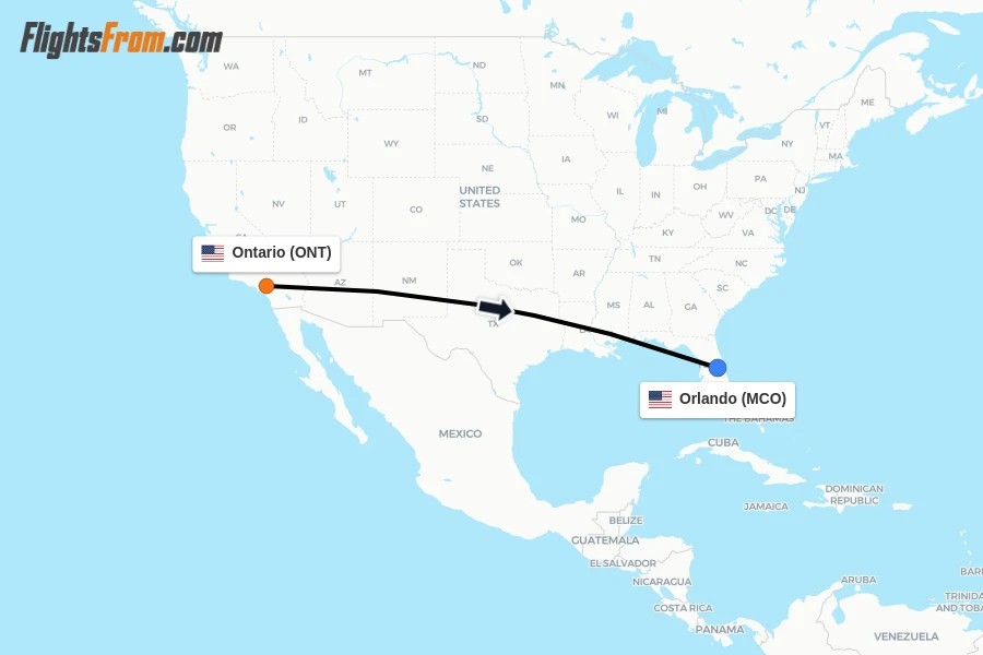 Flights from Ontario to Orlando route map