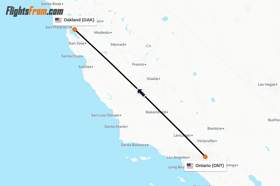 Flights from Ontario to Oakland route map