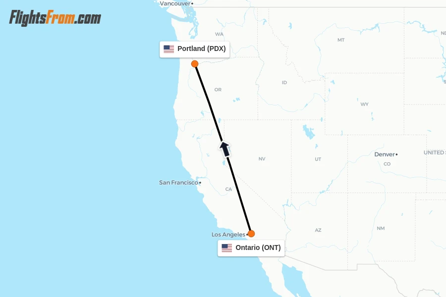Flights from Ontario to Portland route map