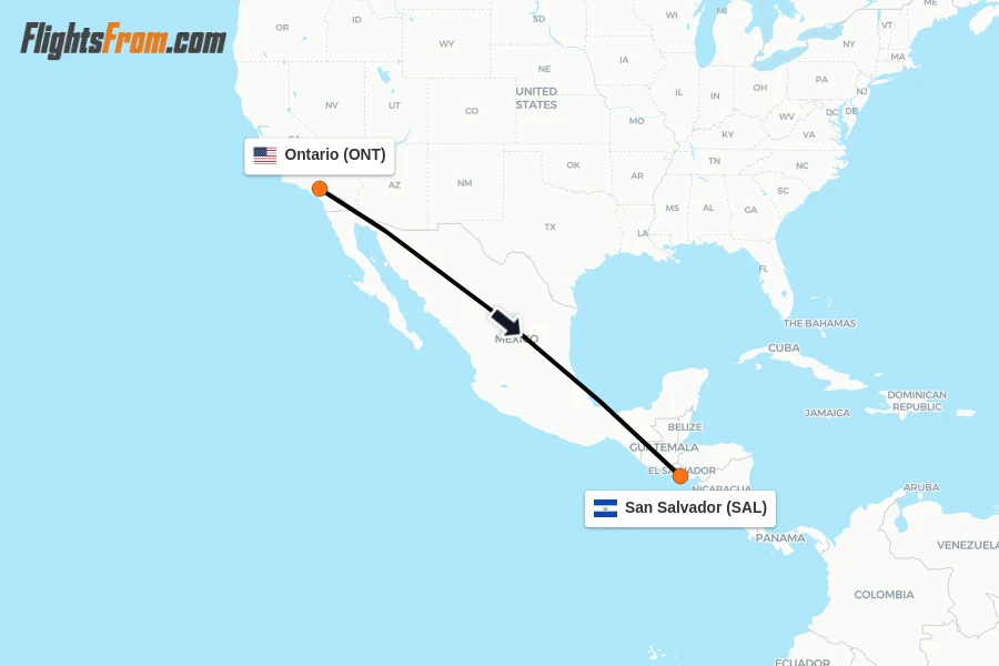 Flights from Ontario to San Salvador route map