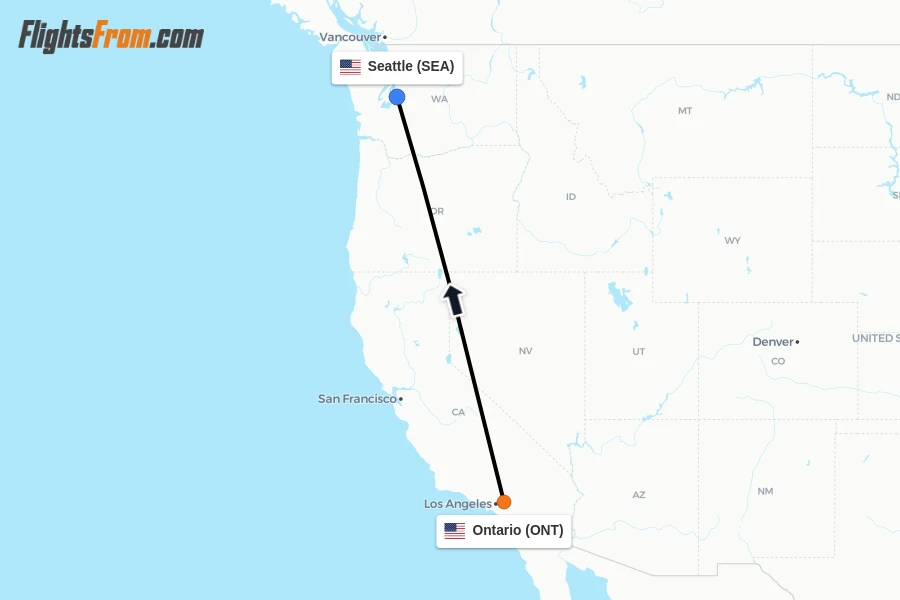 Flights from Ontario to Seattle route map