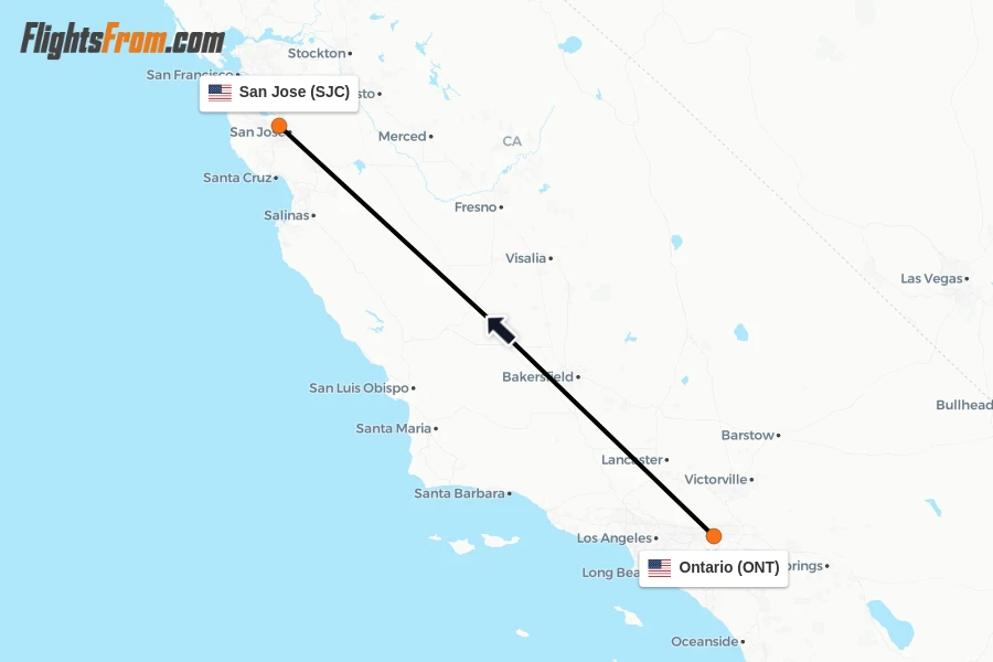 Flights from Ontario to San Jose route map