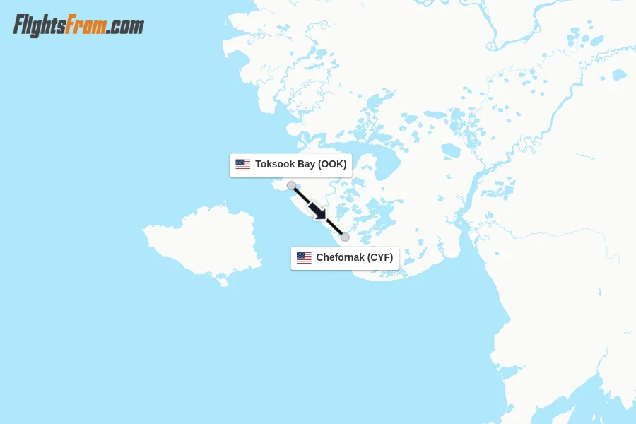 Flights from Toksook Bay to Chefornak route map