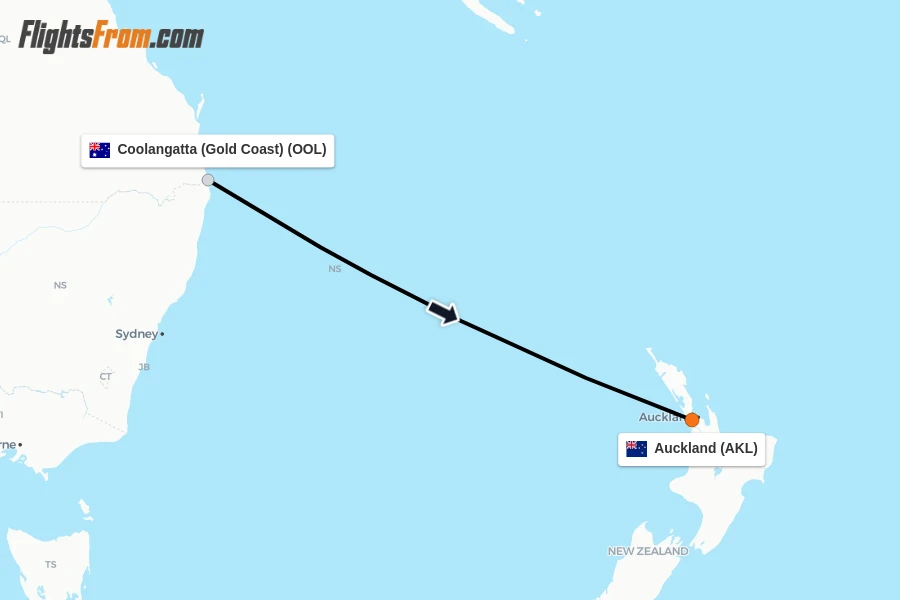 Flights from Coolangatta (Gold Coast) to Auckland route map