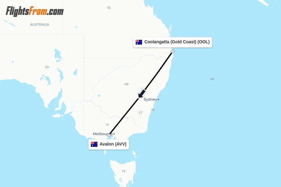 Flights from Coolangatta (Gold Coast) to Avalon route map