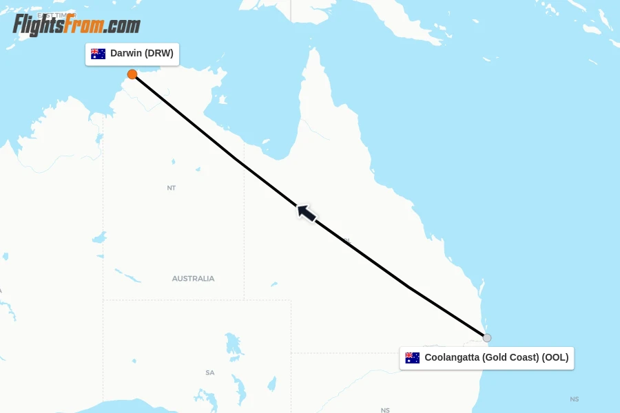 Flights from Coolangatta (Gold Coast) to Darwin route map