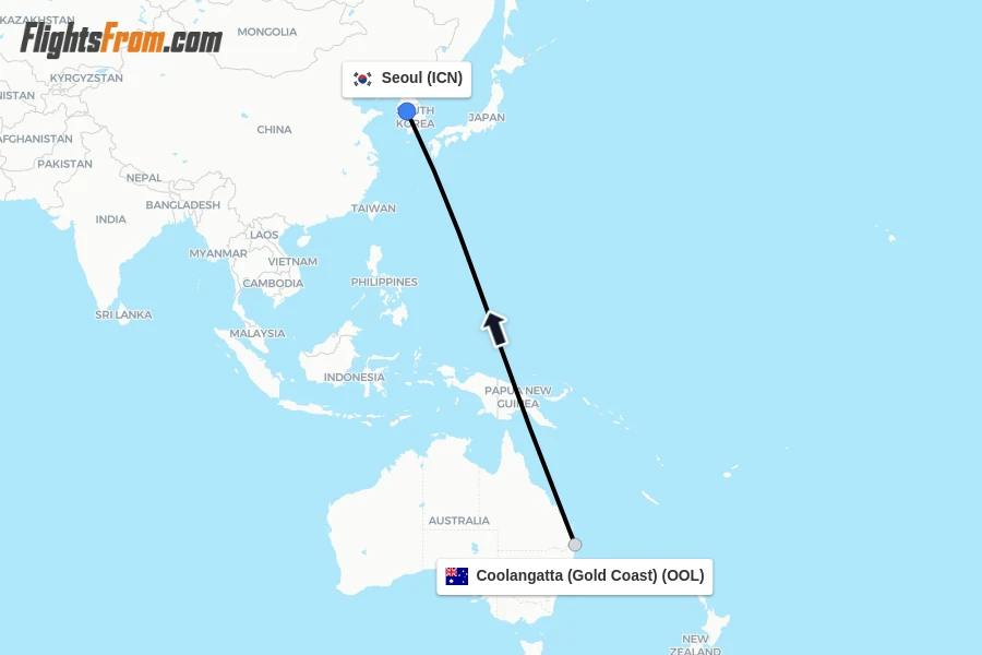 Flights from Coolangatta (Gold Coast) to Seoul route map