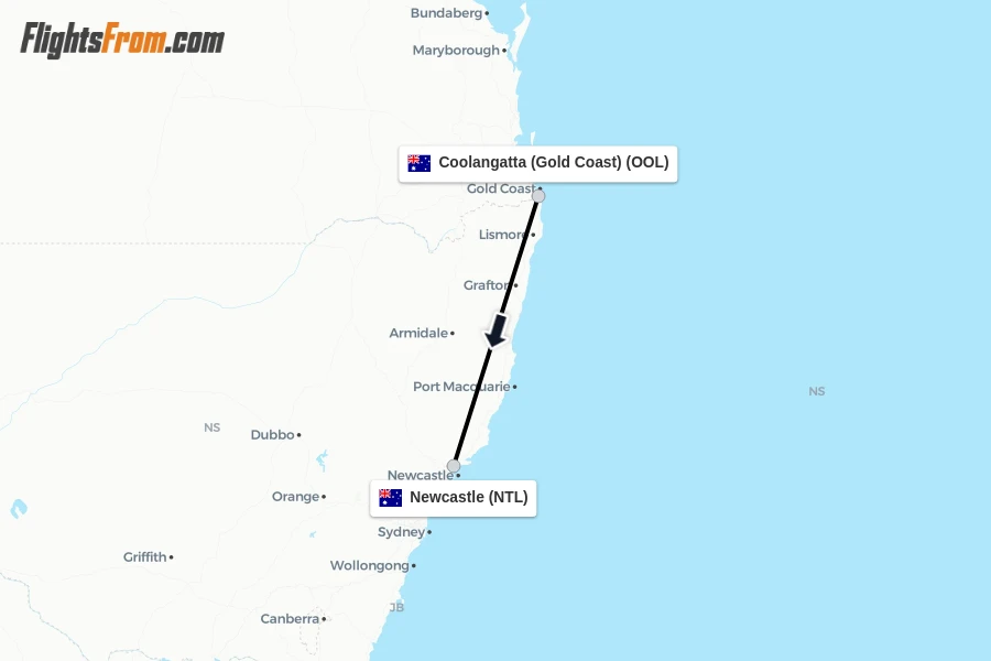 Flights from Coolangatta (Gold Coast) to Newcastle route map
