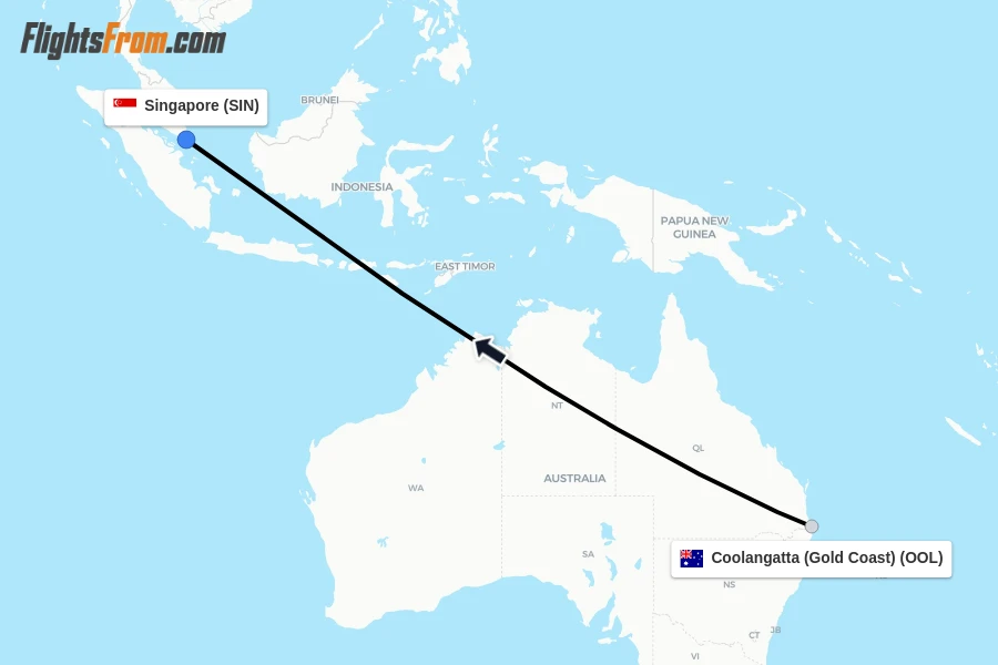 Flights from Coolangatta (Gold Coast) to Singapore route map