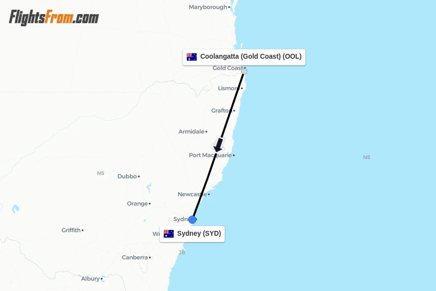 Flights from Coolangatta (Gold Coast) to Sydney route map