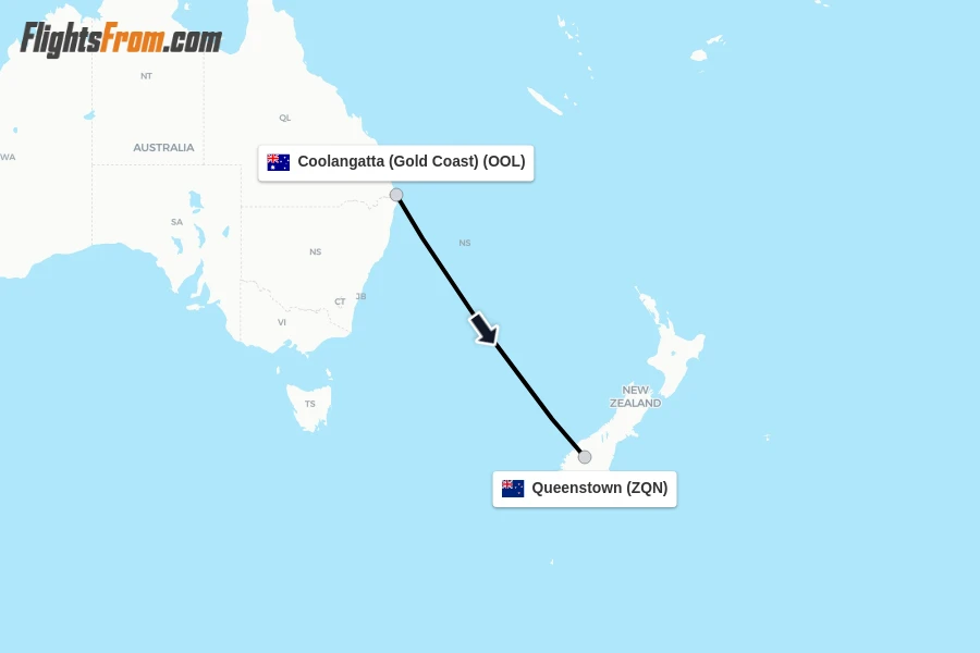 Flights from Coolangatta (Gold Coast) to Queenstown route map