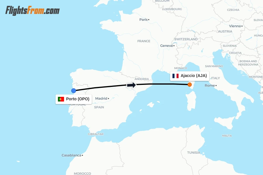 Flights from Porto to Ajaccio route map