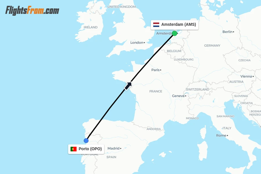 Flights from Porto to Amsterdam route map