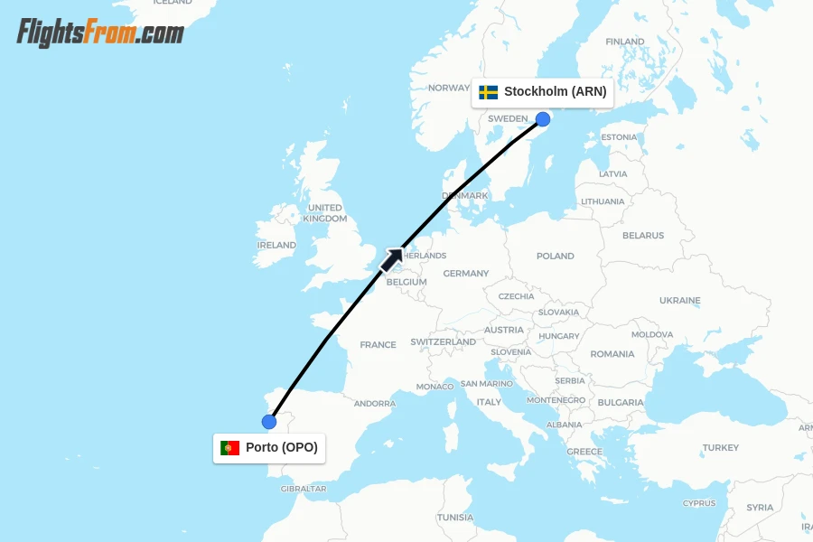 Flights from Porto to Stockholm route map