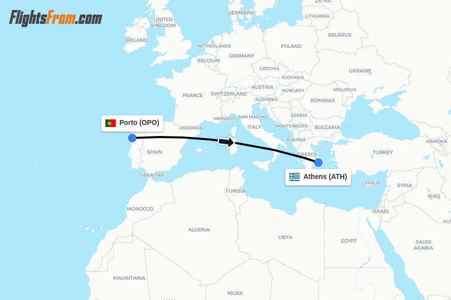 Flights from Porto to Athens route map