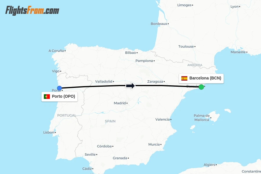 Flights from Porto to Barcelona route map
