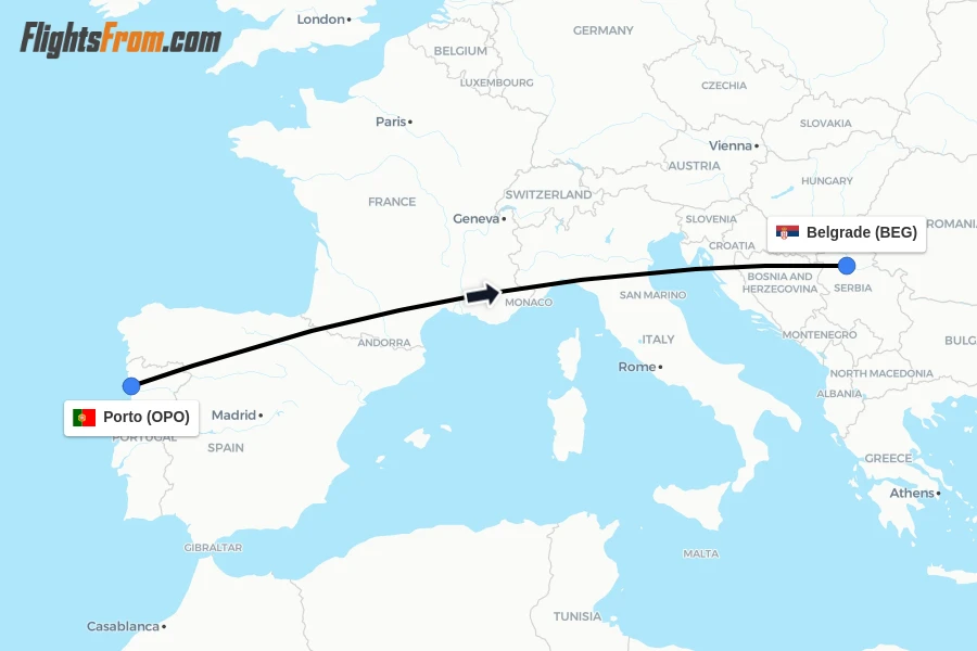 Flights from Porto to Belgrade route map