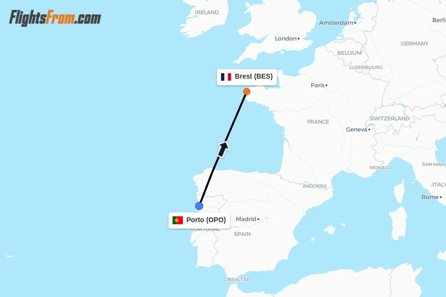 Flights from Porto to Brest route map