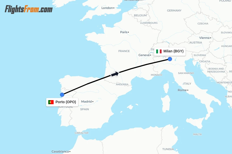 Flights from Porto to Milan route map