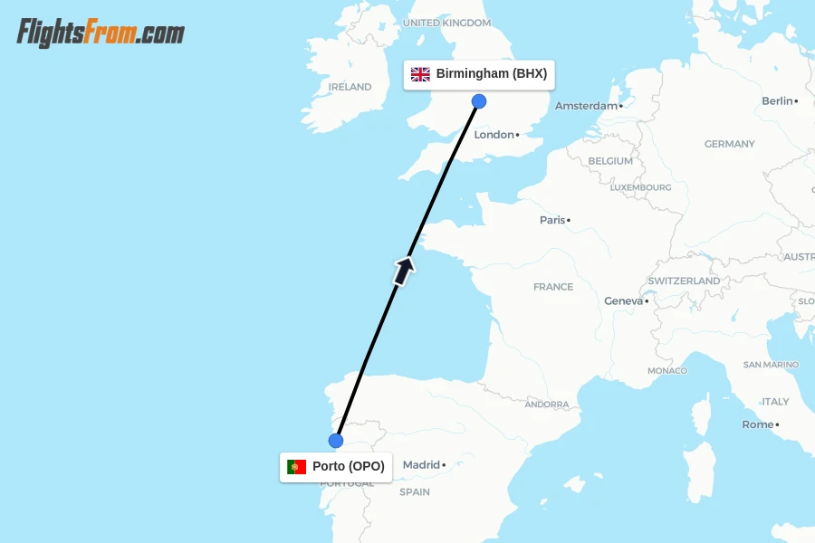 Flights from Porto to Birmingham route map