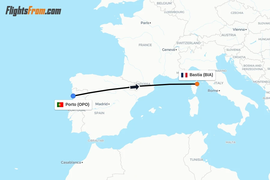 Flights from Porto to Bastia route map