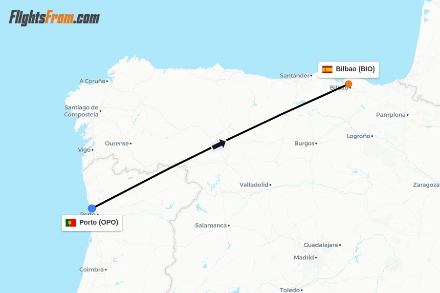 Flights from Porto to Bilbao route map