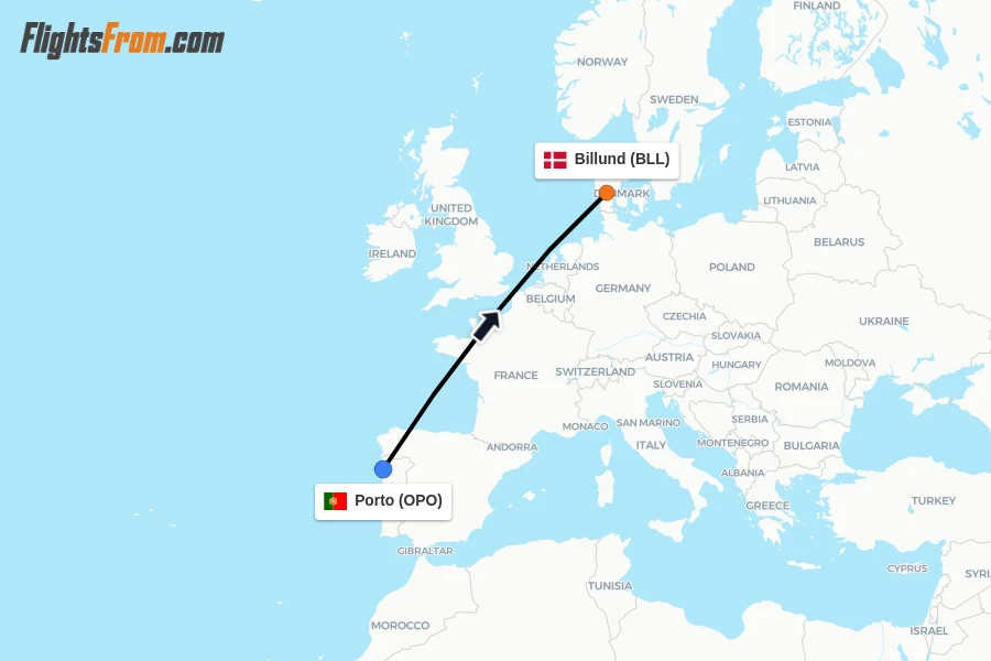 Flights from Porto to Billund route map
