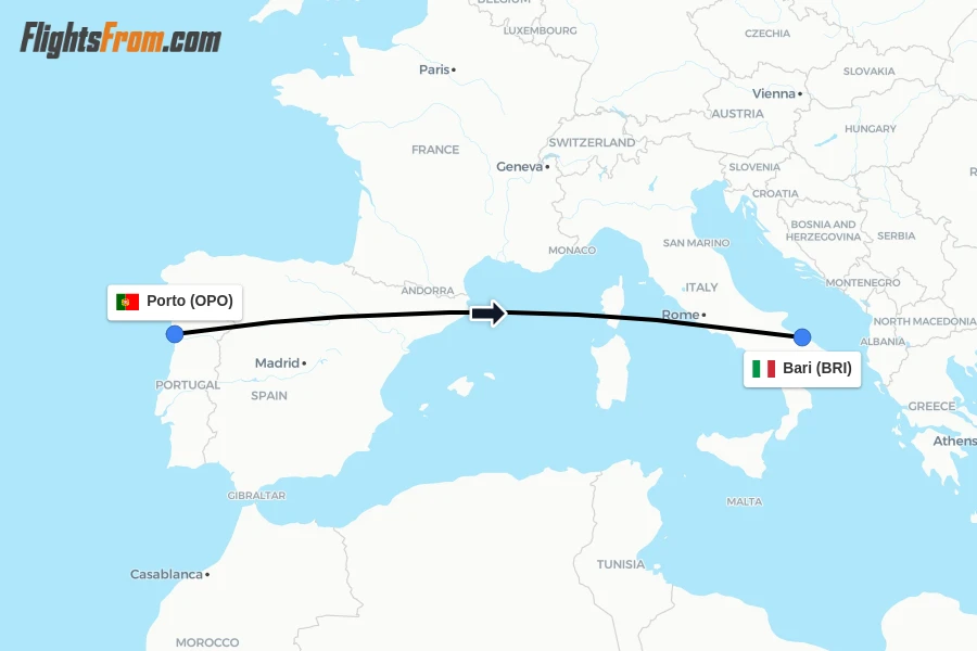 Flights from Porto to Bari route map