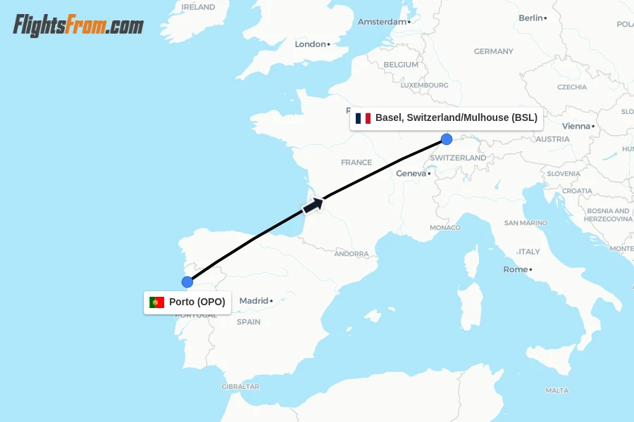Flights from Porto to Basel, Switzerland/Mulhouse route map