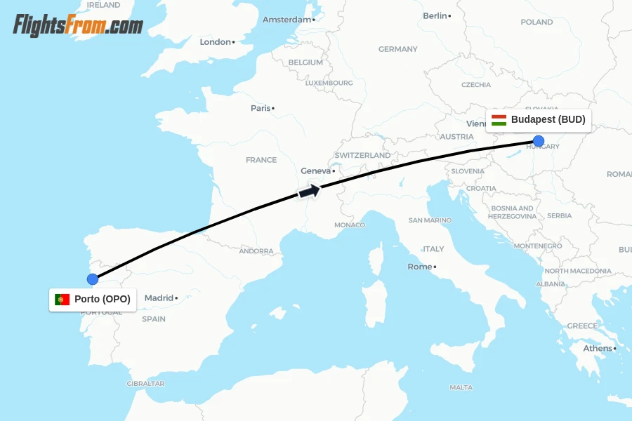 Flights from Porto to Budapest route map