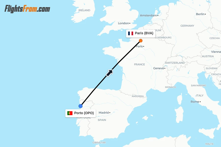 Flights from Porto to Paris route map