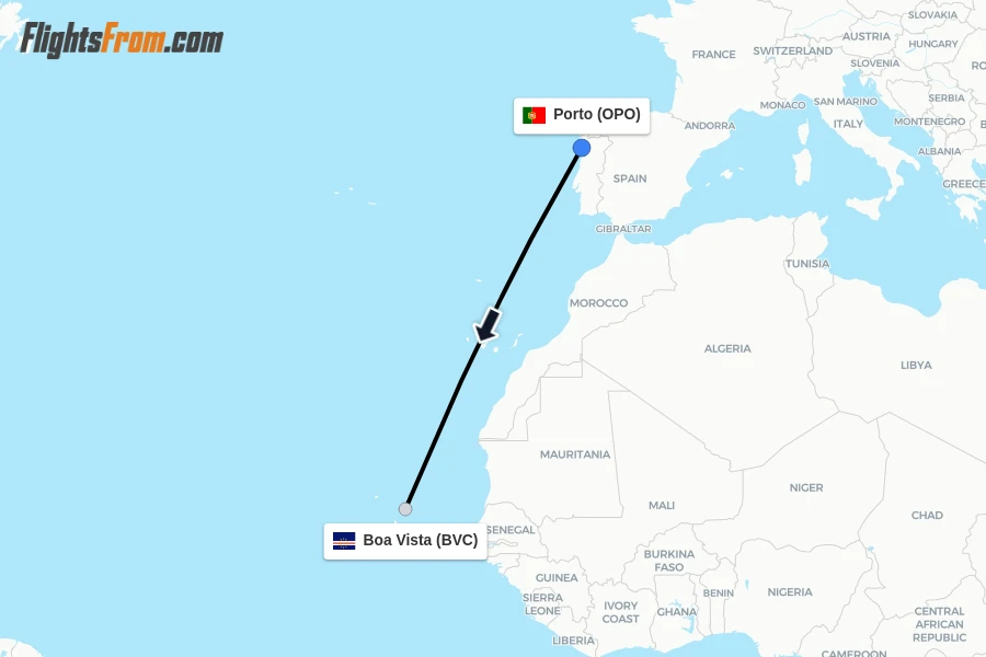 Flights from Porto to Boa Vista route map