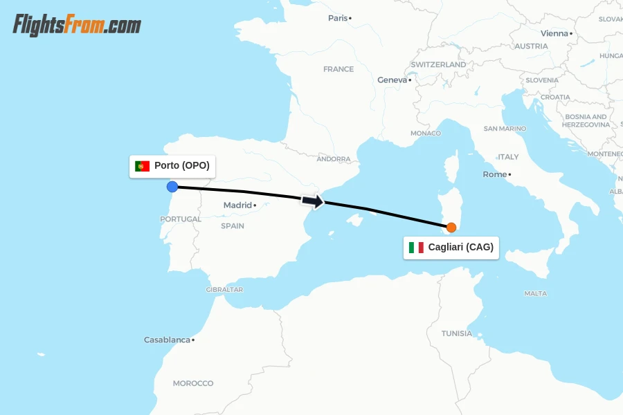 Flights from Porto to Cagliari route map