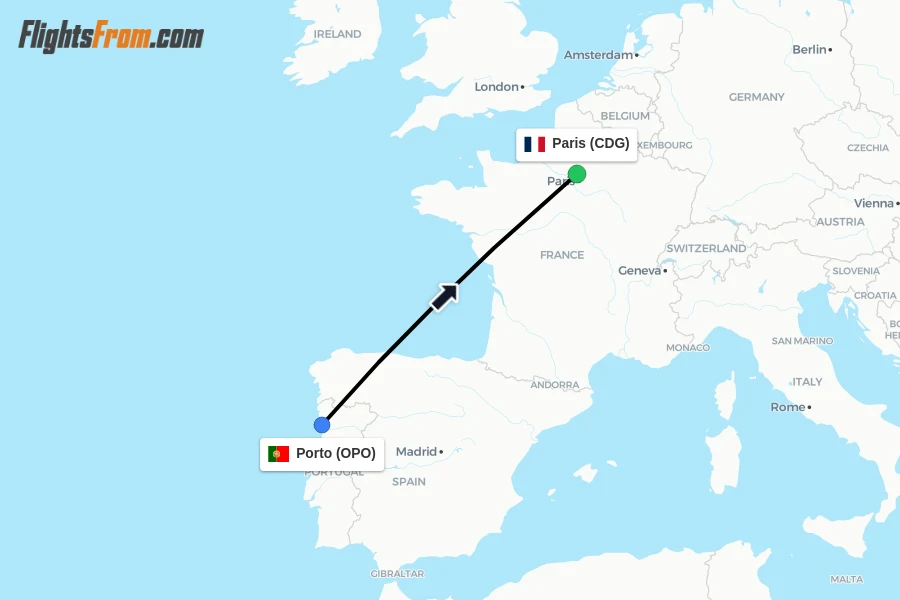 Flights from Porto to Paris route map