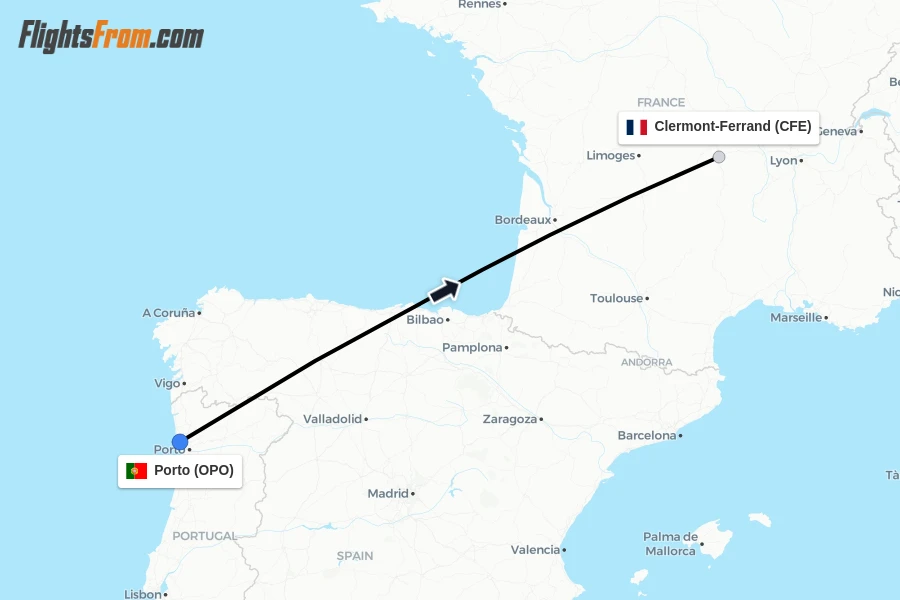 Flights from Porto to Clermont-Ferrand route map