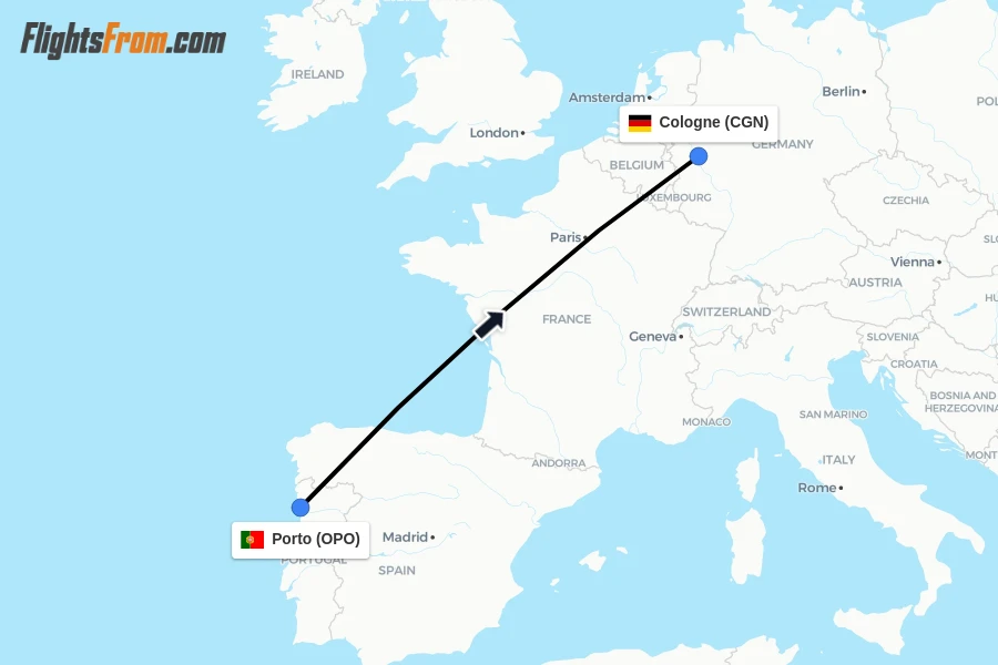 Flights from Porto to Cologne route map