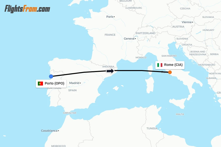 Flights from Porto to Rome route map