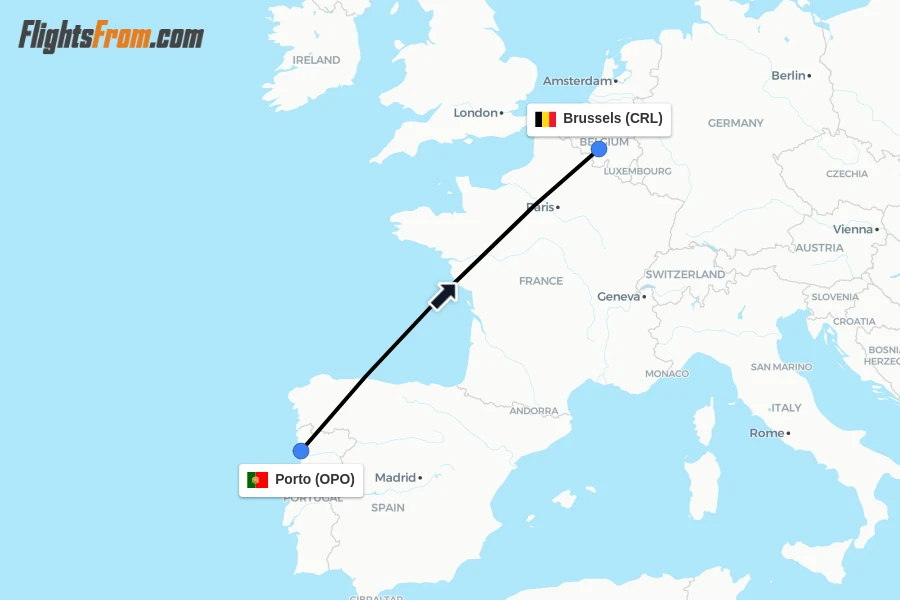 Flights from Porto to Brussels route map