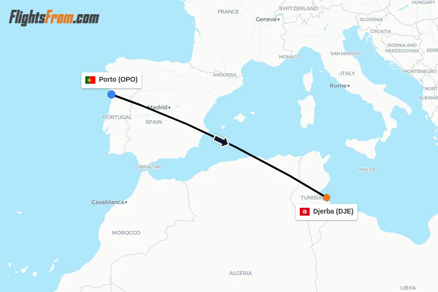 Flights from Porto to Djerba route map