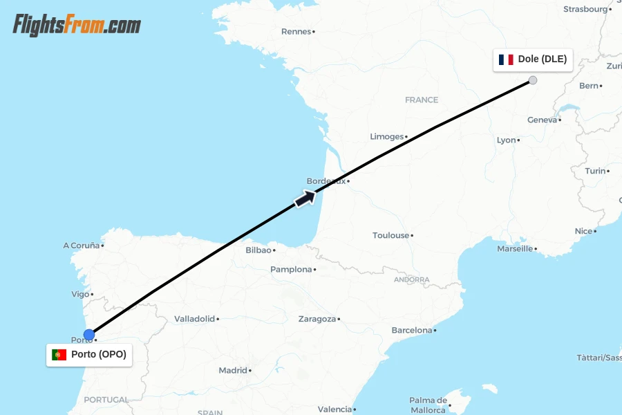 Flights from Porto to Dole route map