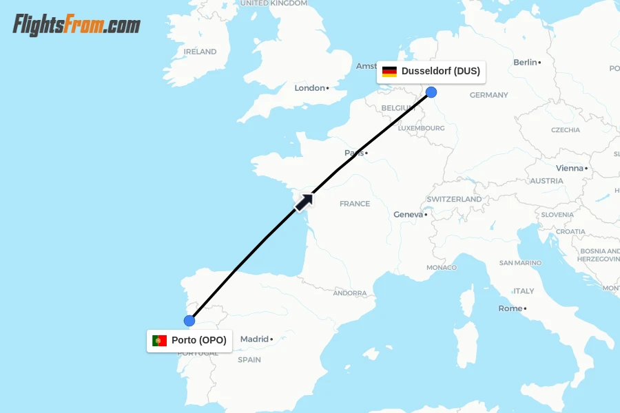 Flights from Porto to Dusseldorf route map