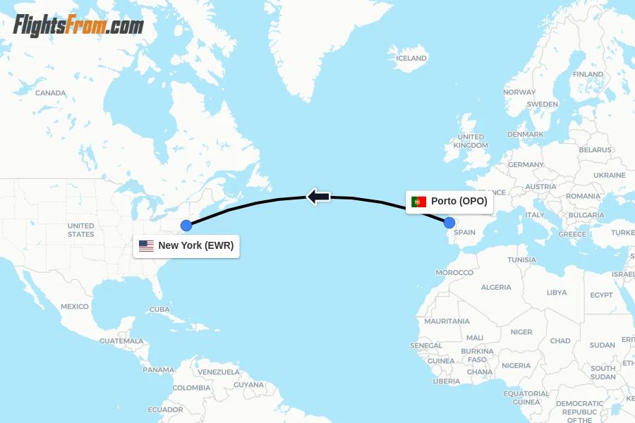 Flights from Porto to New York route map