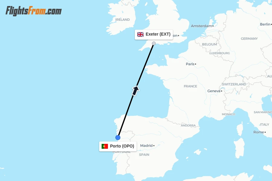 Flights from Porto to Exeter route map