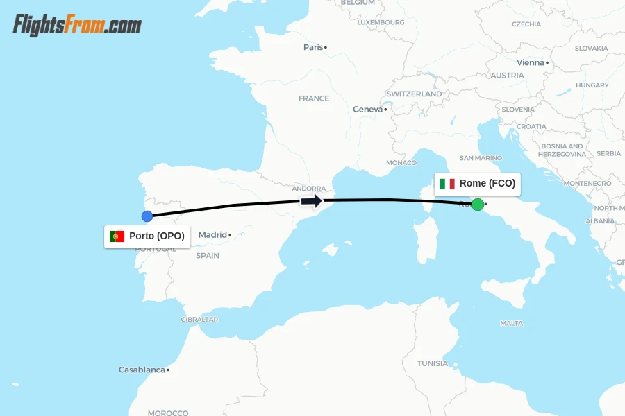 Flights from Porto to Rome route map